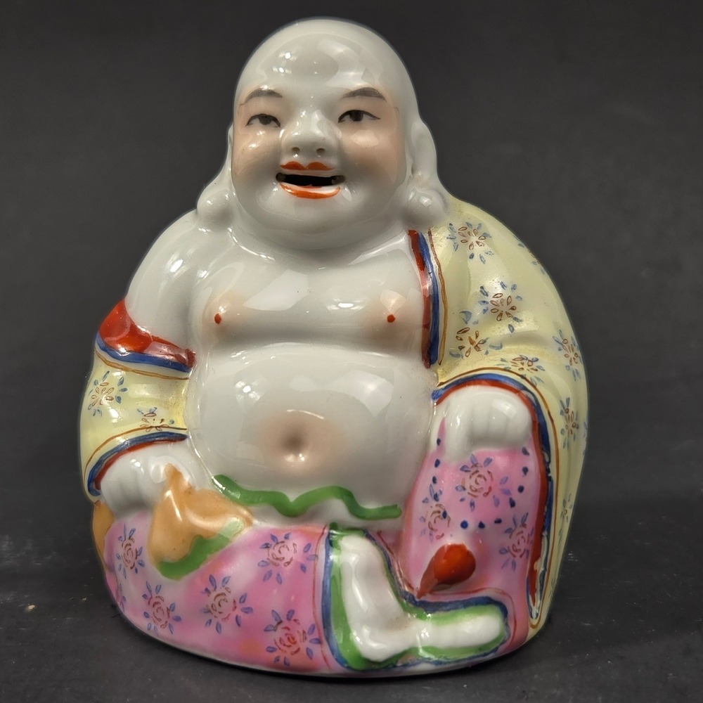 Vintage Chinese Porcelain Laughing Buddha Figurine Hotei 222 Hand Painted 2.75"